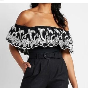 Express Black and White Ruffled Crop Top with Embellished Neckline Large NWT.
